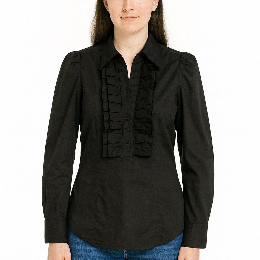 New‎ York & Company black long-sleeve blouse with ruffles, Size Small